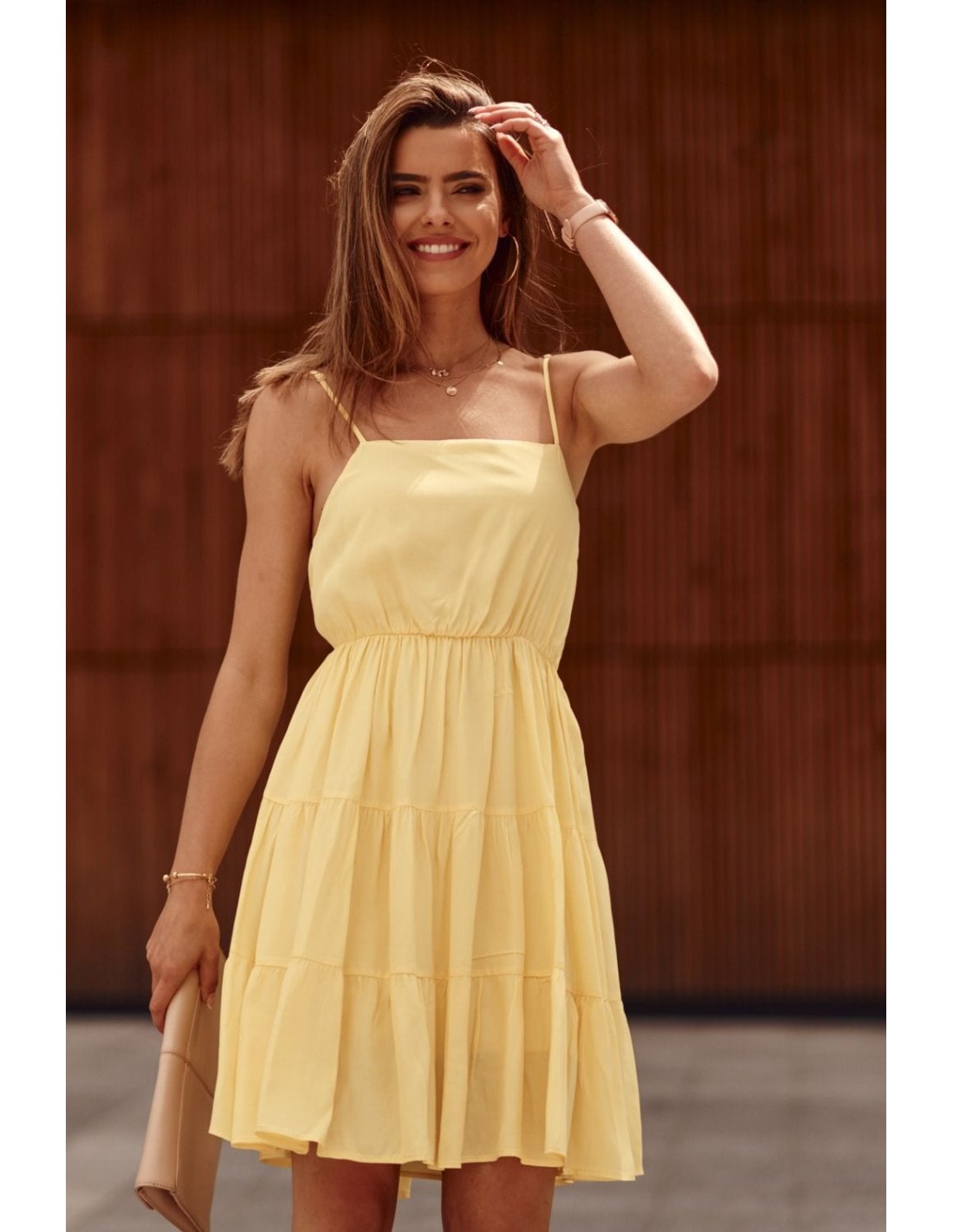 Dress with thin straps and ruffles, yellow PR3214 - Online store - Boutique